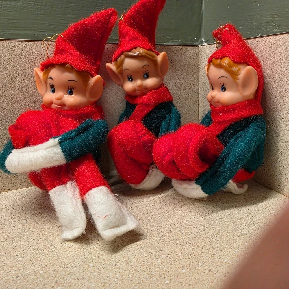 Vintage Knee Hugger Elf Christmas Ornaments Set of 3 Red Green 10 inch Retro